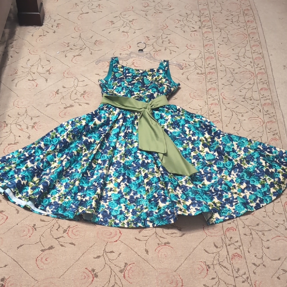 Pinup Couture Blue Floral Midi Dress with Green Sash